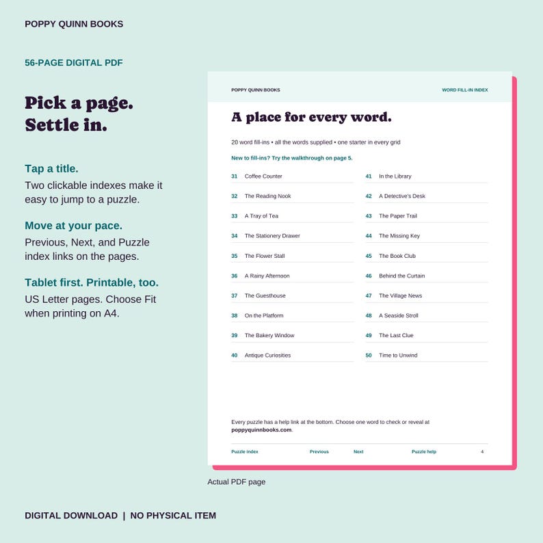 May include: A 56-page digital PDF puzzle book by Poppy Quinn Books featuring a word fill-in index page. The document includes clickable links, navigation buttons, and instructions for US Letter printing. The page lists titles like Coffee Counter.