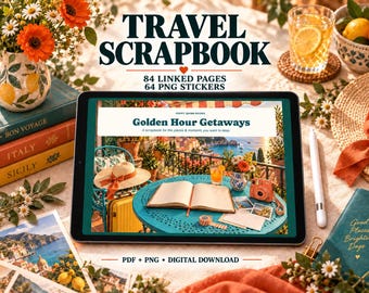 Può includere: Un tablet digitale che mostra un album di ritagli di viaggio intitolato Golden Hour Getaways, con 84 pagine collegate e 64 adesivi PNG. Lo schermo mostra un libro aperto su un tavolo blu con un cappello, una fotocamera e una bevanda.