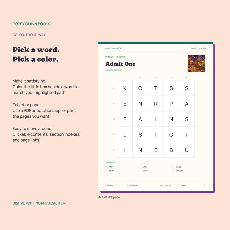 May include: A digital PDF word puzzle page titled Admit One with a 5x5 grid of letters, a small carnival illustration, and a list of words to find including Fair, Sign, Line, Stub, Pass, and Token, set against a light peach background.