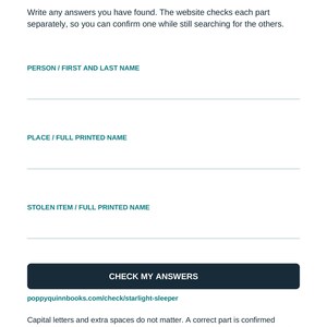 Actual blank answer-report page with separate spaces for person, place, and stolen item, and a link to the online answer checker.