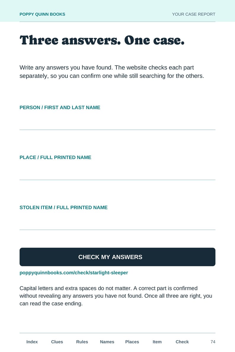 Actual blank answer-report page with separate spaces for person, place, and stolen item, and a link to the online answer checker.
