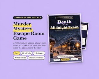 Può includere: Un gioco di fuga Murder Mystery Poppyquinn Case Files No. 3 a tema treno del 1936. Il gioco include una copertina intitolata Death takes the Midnight Train, dettagli per 1-8 giocatori, 20-40 minuti e opzioni di stampa o tablet.
