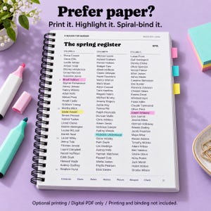 May include: A spiral-bound notebook titled A Season for Murder with a page titled The spring register containing three columns of names. Some names are highlighted in pink, yellow, and blue. Text reads Prefer paper? Print it. Highlight it. Spiral-bind it.