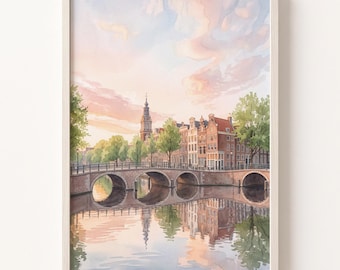 Lámina artística en acuarela de los canales de Ámsterdam, cuadro de atardecer en tonos pastel.