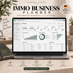 Könnte beinhalten: Ein Laptop-Bildschirm zeigt den Immo Business Planner, eine Google Sheets Vorlage für Immobilienmakler. Das Dashboard enthält Datenvisualisierungen, Umsatzkennzahlen und einen Terminplan. Text umfasst Planhall Studios und deutsche Beschriftungen.
