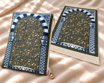 Green Travel Prayer Mat with Pouch, Masjid an-Nabawi Inspired Sajadah, Madinah Ravza Scented