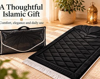 Orthopedic Padded Prayer Mat, Black Quilted Sajadah with Carry Bag