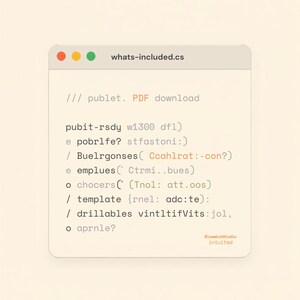 May include: A digital window interface titled whats-included.cs displaying a list of items including publet. PDF download, pubit-rsdy, e pobrlfe, Buelrgonses, e emplues, o chocers, template, drillables vintltifVits, and o aprnle with text in gray and orange.