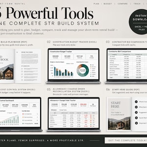 Könnte beinhalten: Ein digitales Toolkit für das Baumanagement von Kurzzeitvermietungen mit fünf Werkzeugen: STR Build Playbook, Construction Budget Tracker, Contractor Bid Comparison, STR Cost Control System und Allowance + Change Order Reconciliation System.