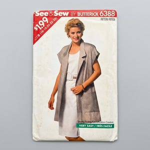 May include: See & Sew by Butterick 6388 sewing pattern envelope featuring a sleeveless, knee-length white dress and a matching long, open-front vest with a small checkered pattern. The envelope includes size range B (16-18-20-22-24) and a very easy rating.