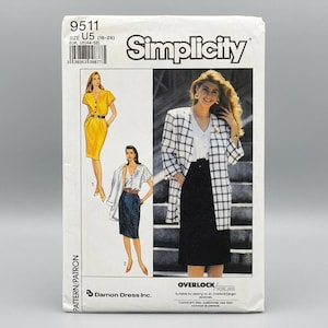 May include: A Simplicity 9511 sewing pattern envelope for sizes U5 (16-24). The front displays illustrations of a yellow dress, a polka dot blouse with a dark skirt, and a white blazer with a black grid pattern over a black skirt and white top.