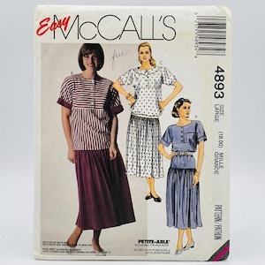 May include: An Easy McCall's sewing pattern envelope 4893, size Large. The front displays illustrations of three outfits: a striped top with a solid skirt, a polka dot top with a pleated skirt, and a solid top with a matching skirt and belt.