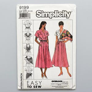 May include: A Simplicity sewing pattern envelope, number 9199, size U5 (16-24). The front displays illustrations of two outfits featuring a collared shirt and a long skirt, with additional sketches of styling options and the text Easy to Sew.