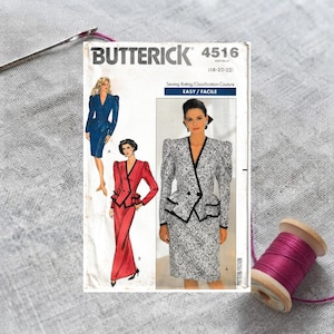 May include: Butterick 4516 sewing pattern envelope for sizes 18-20-22. The cover features illustrations of a solid blue blazer and skirt set, a solid red blazer and skirt set, and a black and white patterned blazer and skirt set.
