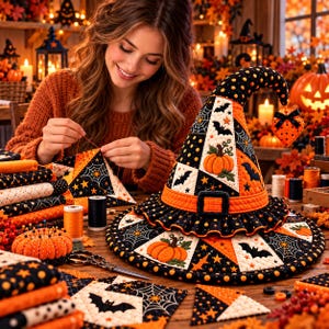 May include: A quilted witch hat featuring a patchwork design of black, orange, and white fabric with patterns of pumpkins, bats, spiderwebs, and stars. The hat has a wide brim, a pointed top with a dangling heart charm, and a black buckle detail.