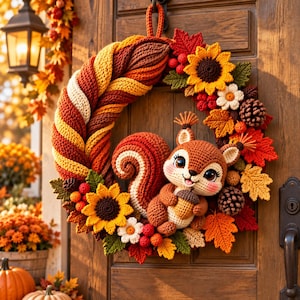 Könnte beinhalten: Ein gehäkelter Herbstkranz mit einem geflochtenen Ring in Orange-, Gelb- und Brauntönen. Er ist mit gehäkelten Sonnenblumen, weißen Blüten, roten Beeren, braunen Tannenzapfen und Ahornblättern verziert, mit einem gehäkelten Eichhörnchen.