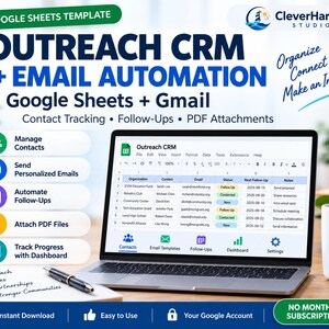 May include: A digital Google Sheets template for Outreach CRM and email automation. The graphic displays the CleverHarbor Studio logo, features for contact tracking, follow-ups, and PDF attachments, and a laptop screen showing a CRM spreadsheet.