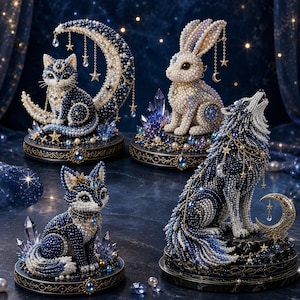 Peut inclure: Quatre figurines décoratives représentant un chat, un lapin, un renard et un loup, toutes finement ornées de petites perles bleues, blanches et dorées. Chaque animal repose sur une base circulaire et comporte des éléments célestes.