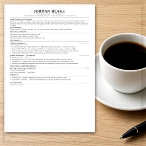 May include: A printed resume for Jordan Blake, a software engineer, featuring sections for professional summary, technical skills, experience, education, and projects, positioned next to a white ceramic cup filled with black coffee.