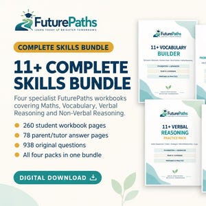 May include: A FuturePaths 11+ Complete Skills Bundle digital download containing four workbooks for Maths, Vocabulary, Verbal Reasoning, and Non-Verbal Reasoning. Includes 260 student pages, 78 answer pages, and 938 original questions for exam preparation.
