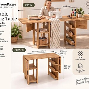 Planos para mesa de costura plegable, mesa de manualidades que ahorra espacio con almacenamiento, bricolaje en madera, descarga digital