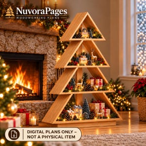 Christmas Tree Shelf Plans PDF, DIY Holiday Decor Display, 4-Tier Triangle Design, Solid Wood Construction