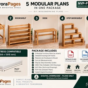 Può includere: Un pacchetto di piani di falegnameria digitali intitolato NuvoraPages 5 Modular Plans in One Package NVP-FUR-0003. Include progetti per un letto a soppalco, libreria, scrivania, libreria a gradini e scala. Materasso di 1384 mm per 1918 mm.