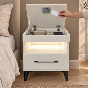 Hidden Compartment Nightstand with RFID Lock & LED Light, Secret Storage Bedside Table, Lift-Top Safe, Custom Made Bedroom Furniture