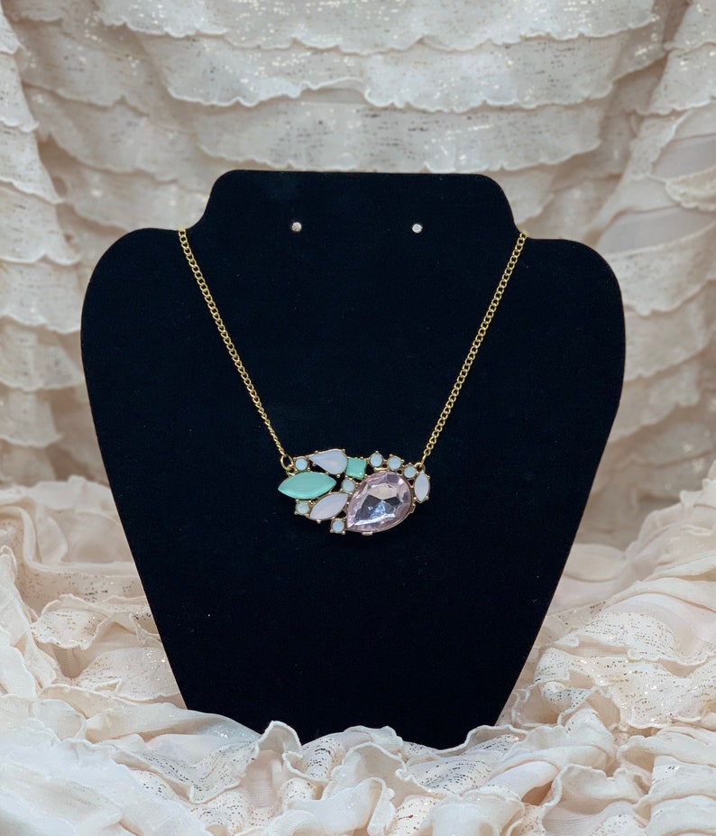 Pink and Mint, Rhinestone Necklace pendant Minty image 3