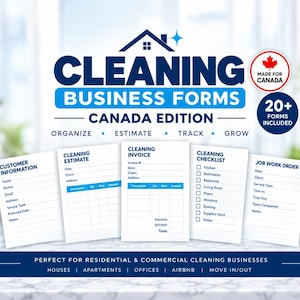 Pode incluir: Um conjunto de formulários para empresas de limpeza no Canadá, incluindo informações do cliente, orçamentos, faturas, listas de verificação e ordens de serviço. O texto diz Cleaning Business Forms Canada Edition, Made for Canada.