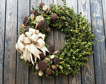 Large Preserved Eucalyptus Wreath With Dried Pods And Bow