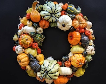 Fall Thanksgiving Wreath With Artificial Pumpkins and Gourds