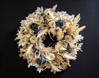 Thanksgiving Wreath - Fall Wreath - Halloween Wreath -Pumpkin Wreath - Blue and Cream Pumpkin Wreath READY TO SHIP