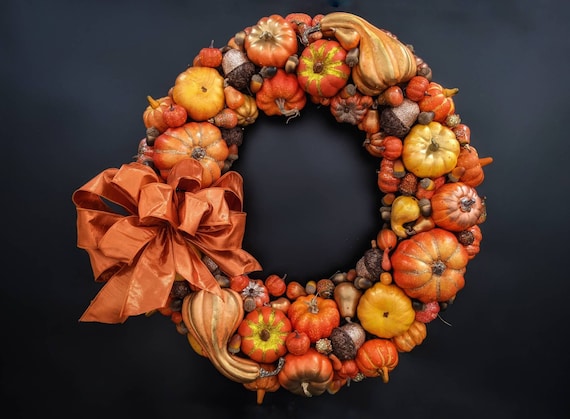 Orange and Metallic Pumpkin & Acorn Thanksgiving Wreath