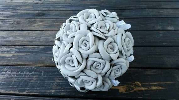 Bouquet, Leather Flower Bridal Bouquet, White Rose Bridal Bouquet