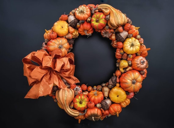 Halloween Wreath, Fall Wreath, Thanksgiving Wreath, Orange and Metallic Pumpkin & Acorn Wreath, Pumpkin Wreath