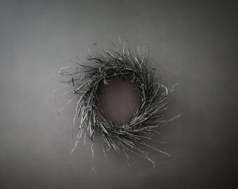 May include: A circular wreath constructed from thin, dark grey, bare twigs and branches. The arrangement features a dense, interwoven structure with numerous protruding, spindly ends that create a textured, spiky appearance throughout the frame.