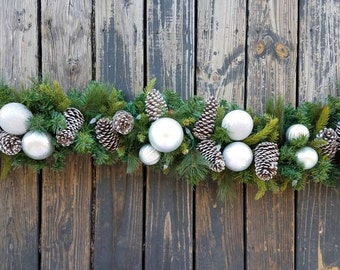 Garland, Holiday Garland, Christmas Garland, Mantel Garland, Fireplace Garland, 9 Foot Pine Garland With Pine Cones and Silver Ornaments