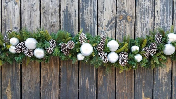 Garland, Holiday Garland, Christmas Garland, Mantel Garland, Fireplace Garland, 9 Foot Pine Garland With Pine Cones and Silver Ornaments