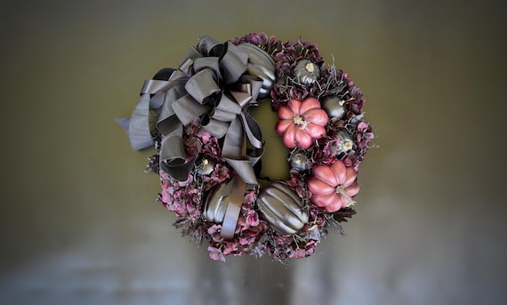 Halloween Wreath, Fall Wreath, Purple and Black Pumpkin Wreath with Hydrangeas, Ready To Ship