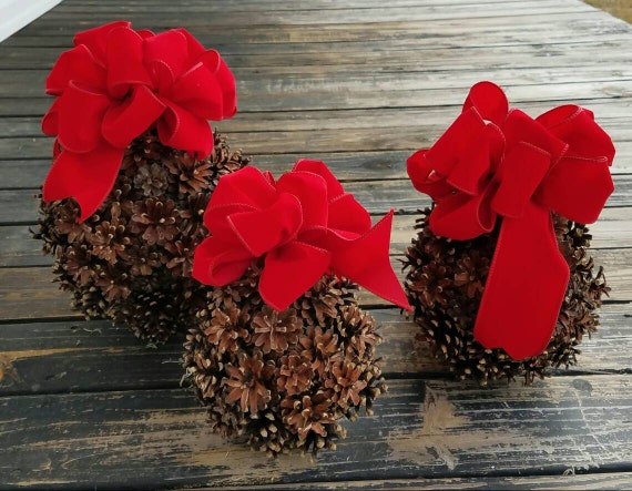 Kissing Ball, Pine Cone Kissing Ball With Red Velvet Bow, Pine Cone Christmas Ornament, Christmas Kissing Ball, Holiday Kissing Ball