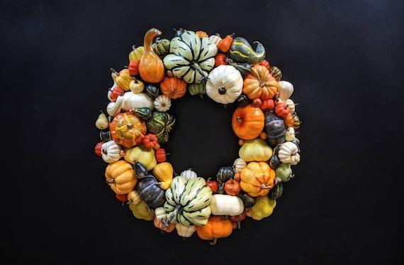 Fall Thanksgiving Wreath With Artificial Pumpkins and Gourds