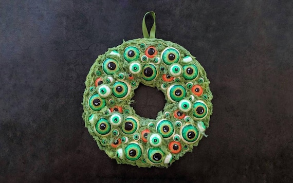 Halloween Wreath, Eyeball Wreath,  Green Hand Painted Eyeball Wreath