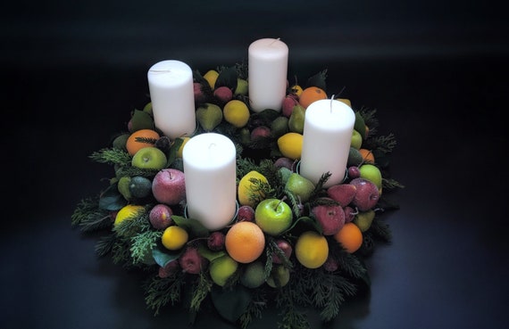 Advent Wreath, Sugared Fruit Advent Wreath with Artificial Christmas Greenery, Centerpiece