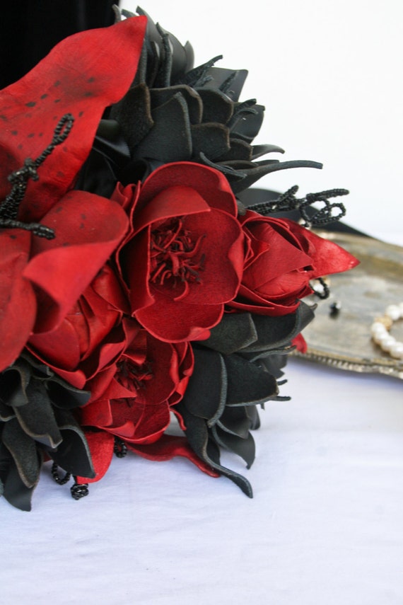 Bridal Bouquet, Leather Black and Red Flower Bridal Bouquet