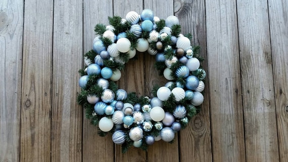 Christmas Wreath, Holiday Wreath, Ornament Wreath, Custom 20 Inch Pine Wreath With Blue, White, and Silver Ornaments