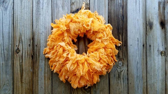 Halloween Wreath, Hand Dyed Orange Gauze Wreath, Ombre Wreath, Orange Ombre Wreath
