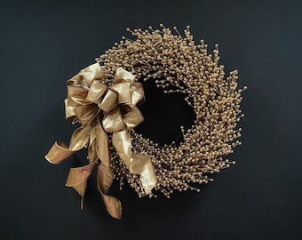 Christmas Wreath, Holiday Wreath, Wedding Wreath, Gold Wreath, Gold Berry Wreath with Gold Bow,