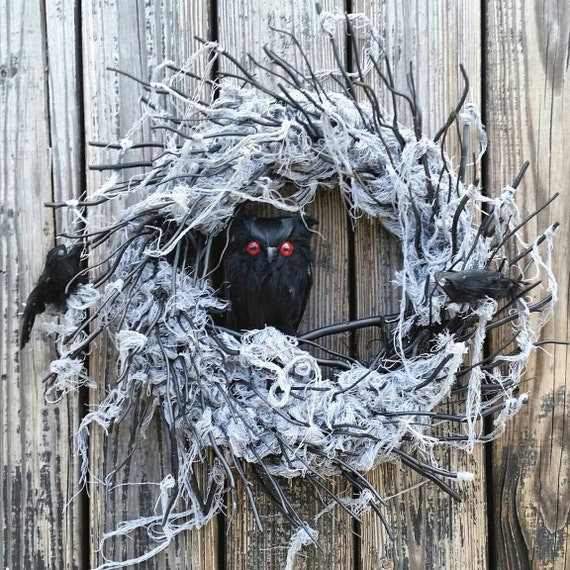 Halloween Wreath, Gossamer Black Twig Wreath, Black Twig Wreath, Black Owl Wreath