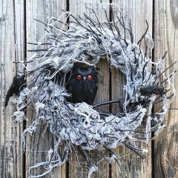Halloween Wreath, Black Owl Wreath,  Black Twig Wreath
